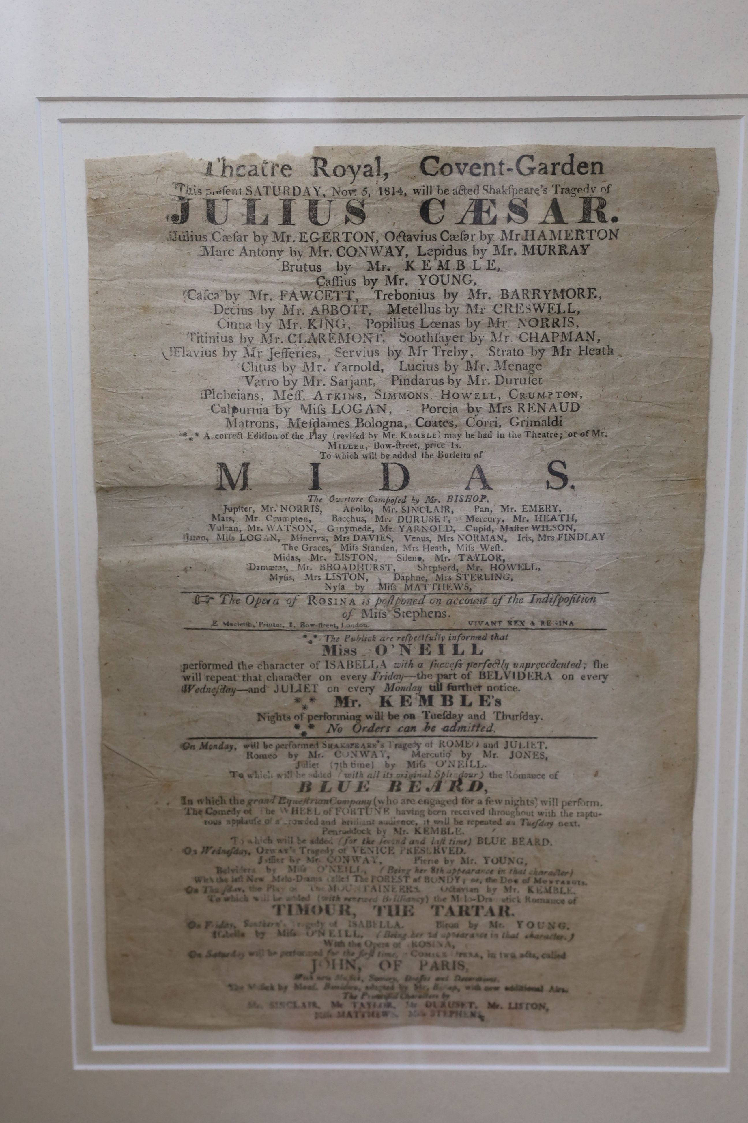John Kennedy, early 19th century watercolour of John Philip Kemble as Brutus, 16 x 12cm, together with three contemporary play bills